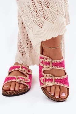 Szydełkowe Klapki Damskie Ze Złotymi Klamrami Fuksja Fenira