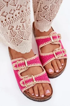 Szydełkowe Klapki Damskie Ze Złotymi Klamrami Fuksja Fenira