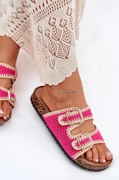 Szydełkowe Klapki Damskie Ze Złotymi Klamrami Fuksja Fenira