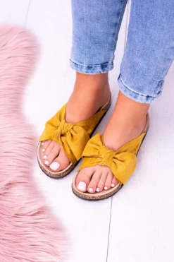 Żółte Damskie Klapki Z Kokardami Na Korku Sunshine