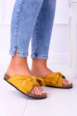 Żółte Damskie Klapki Z Kokardami Na Korku Sunshine