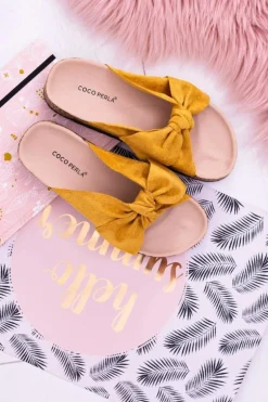 Żółte Damskie Klapki Z Kokardami Na Korku Sunshine