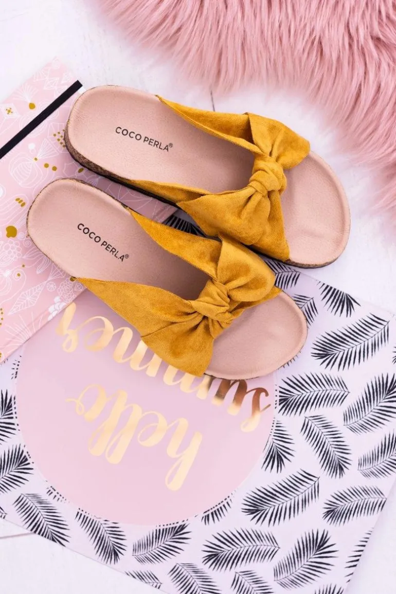 Żółte Damskie Klapki Z Kokardami Na Korku Sunshine