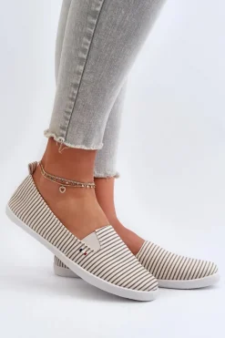 Tenisówki Trampki Slip-On W Paski Damskie Beżowe Pazaria