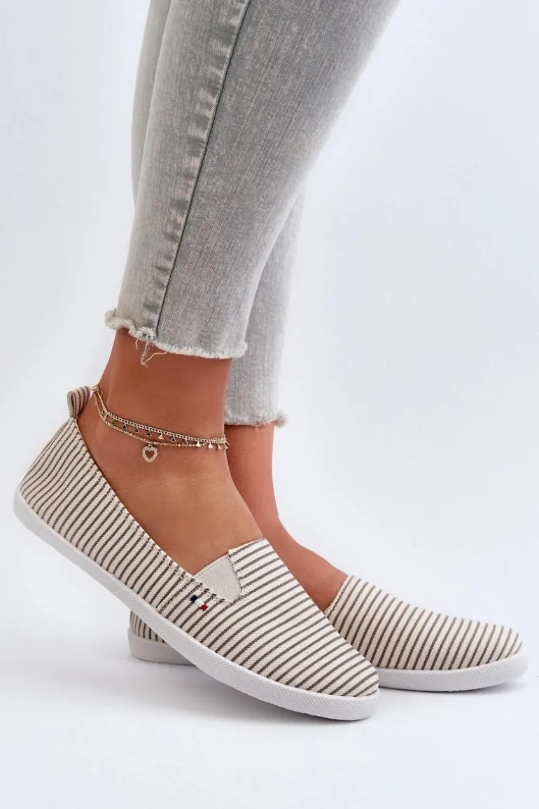 Tenisówki Trampki Slip-On W Paski Damskie Beżowe Pazaria