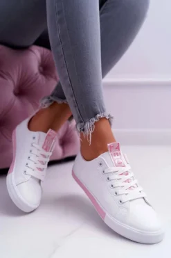 Trampki Damskie Białe Różowy Pasek Nigrid