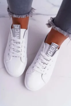 Trampki Damskie Białe Szary Pasek Nigrid