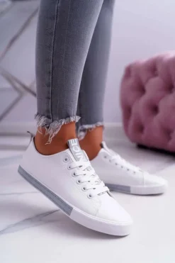 Trampki Damskie Białe Szary Pasek Nigrid