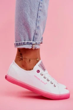 Trampki Damskie Cross Jeans Biało Różowe FF2R4075C