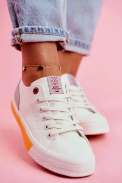 Trampki Damskie Cross Jeans Biało Pomarańczowe FF2R4043C