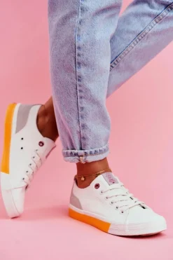 Trampki Damskie Cross Jeans Biało Pomarańczowe FF2R4043C