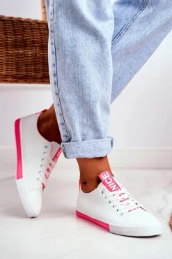 Trampki Damskie Klasyczne Biało-Neonowo Różowe Ville