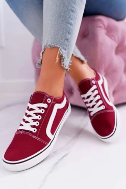 Trampki Damskie Materiałowe Bordowe Bestro