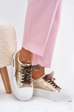 Trampki Damskie Na Masywnej Platformie Z Ozdobnym Sznurowaniem Złote Zidora
