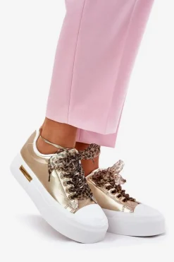 Trampki Damskie Na Masywnej Platformie Z Ozdobnym Sznurowaniem Złote Zidora