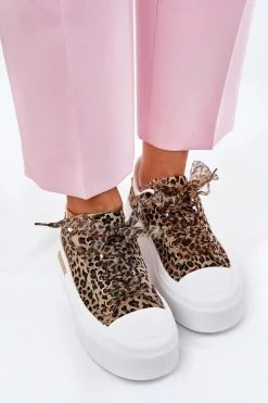 Trampki Damskie Na Masywnej Platformie Z Ozdobnym Sznurowaniem Panterka Brązowe Zidora