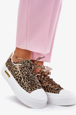 Trampki Damskie Na Masywnej Platformie Z Ozdobnym Sznurowaniem Panterka Brązowe Zidora
