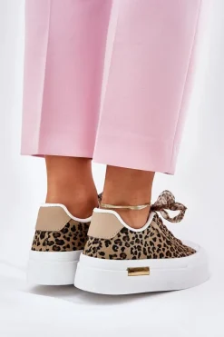 Trampki Damskie Na Masywnej Platformie Z Ozdobnym Sznurowaniem Panterka Brązowe Zidora