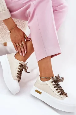 Trampki Damskie Na Masywnej Platformie Z Ozdobnym Sznurowaniem Beżowe Zidora