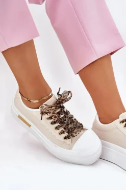 Trampki Damskie Na Masywnej Platformie Z Ozdobnym Sznurowaniem Beżowe Zidora
