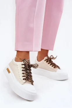 Trampki Damskie Na Masywnej Platformie Z Ozdobnym Sznurowaniem Beżowe Zidora