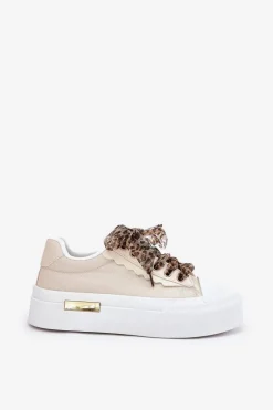 Trampki Damskie Na Masywnej Platformie Z Ozdobnym Sznurowaniem Beżowe Zidora