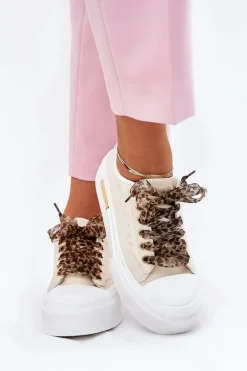 Trampki Damskie Na Masywnej Platformie Z Ozdobnym Sznurowaniem Beżowe Zidora