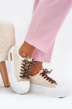 Trampki Damskie Na Masywnej Platformie Z Ozdobnym Sznurowaniem Beżowe Zidora