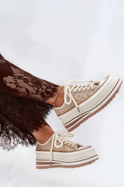 Trampki Damskie Na Masywnej Platformie S.Barski BF51-101 Beżowe