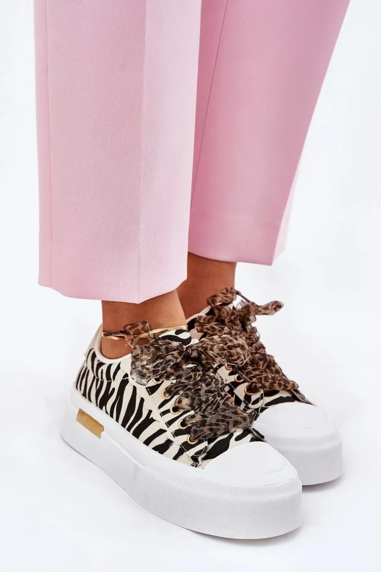 Trampki Damskie Na Masywnej Platformie Z Ozdobnym Sznurowaniem Zebra Czarno-Beżowe Zidora