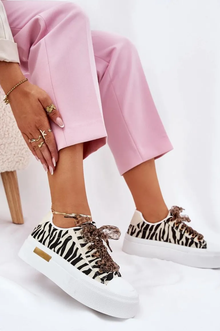 Trampki Damskie Na Masywnej Platformie Z Ozdobnym Sznurowaniem Zebra Czarno-Beżowe Zidora