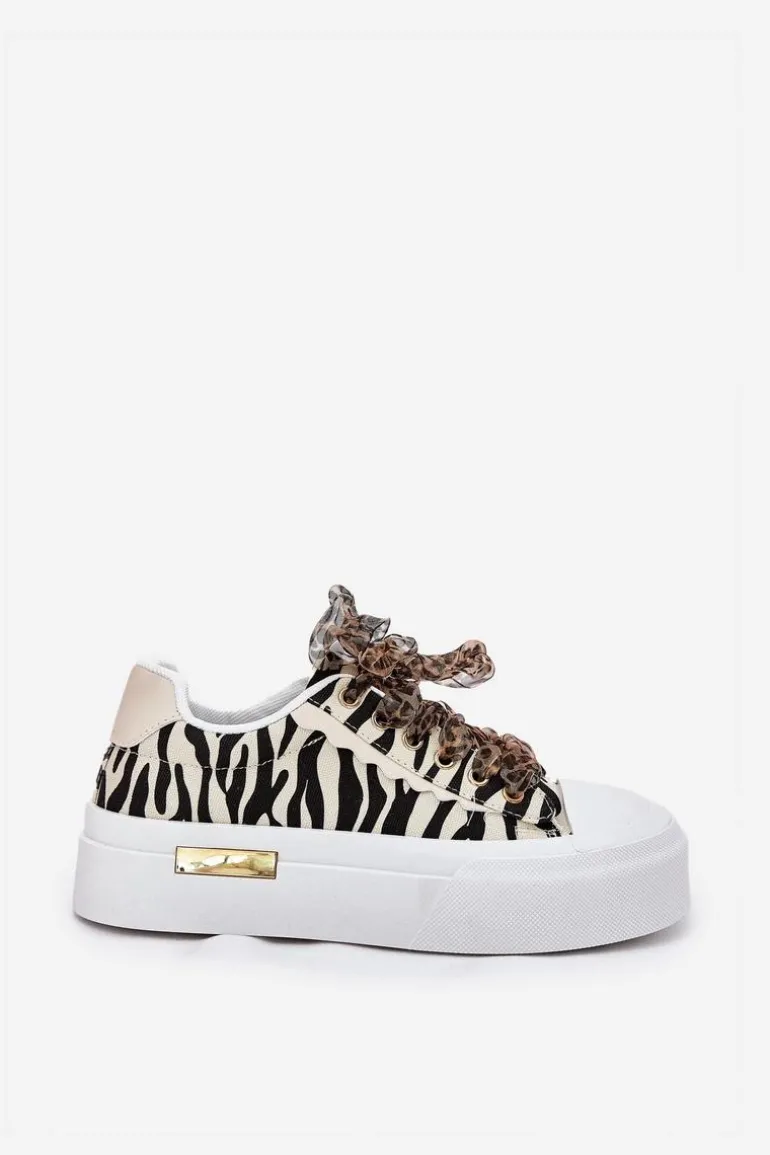 Trampki Damskie Na Masywnej Platformie Z Ozdobnym Sznurowaniem Zebra Czarno-Beżowe Zidora