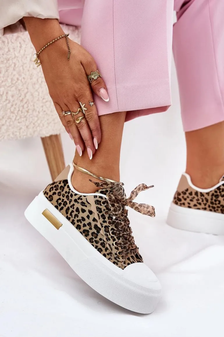 Trampki Damskie Na Masywnej Platformie Z Ozdobnym Sznurowaniem Zebra Czarno-Beżowe Zidora