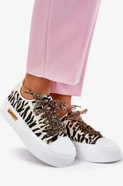 Trampki Damskie Na Masywnej Platformie Z Ozdobnym Sznurowaniem Zebra Czarno-Beżowe Zidora