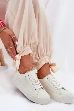 Trampki Damskie Na Platformie Z Eko Skóry Big Star RR274A297 Jasnobeżowe