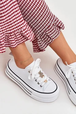 Trampki Damskie Na Platformie Ze Złotymi Przypinkami Białe Fiorina