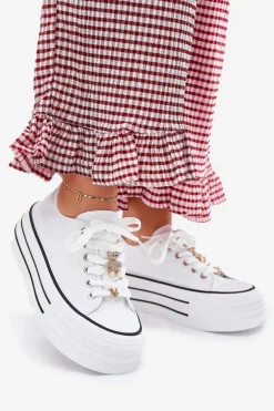 Trampki Damskie Na Platformie Ze Złotymi Przypinkami Białe Fiorina