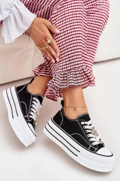 Trampki Damskie Na Platformie Ze Złotymi Przypinkami Czarne Fiorina