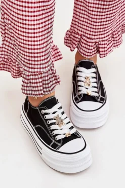 Trampki Damskie Na Platformie Ze Złotymi Przypinkami Czarne Fiorina