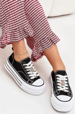 Trampki Damskie Na Platformie Ze Złotymi Przypinkami Czarne Fiorina