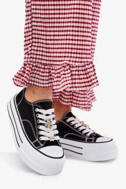 Trampki Damskie Na Platformie Ze Złotymi Przypinkami Czarne Fiorina