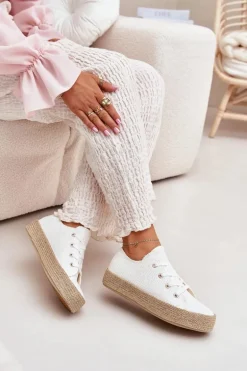 Trampki Damskie Na Platformie Z Plecionką Białe Princa