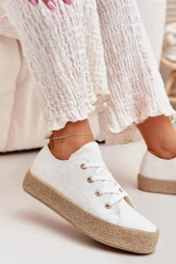 Trampki Damskie Na Platformie Z Plecionką Białe Princa