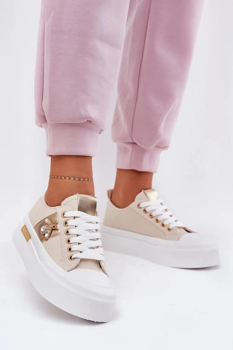 Trampki Damskie Na Platformie Z Ozdobnym Detalem Beżowe Annisae