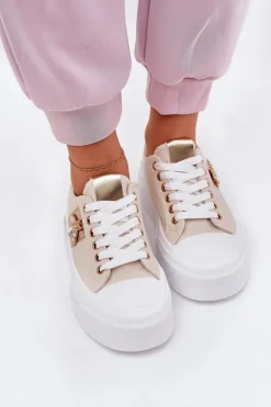 Trampki Damskie Na Platformie Z Ozdobnym Detalem Beżowe Annisae