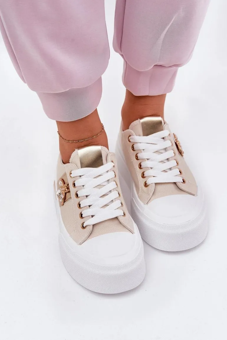 Trampki Damskie Na Platformie Z Ozdobnym Detalem Beżowe Annisae