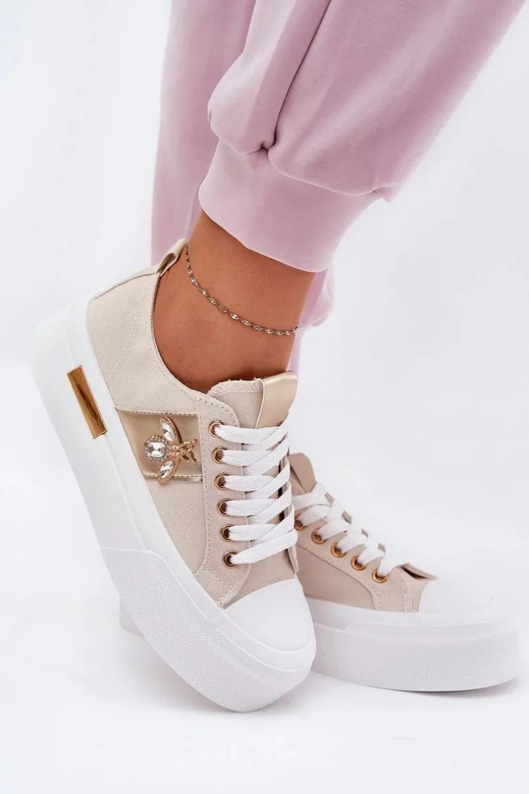 Trampki Damskie Na Platformie Z Ozdobnym Detalem Beżowe Annisae