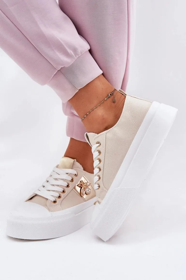 Trampki Damskie Na Platformie Z Ozdobnym Detalem Beżowe Annisae