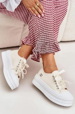 Trampki Damskie Na Platformie Z Ozdobnym Sznurowaniem Beżowe Tivora