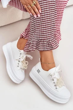 Trampki Damskie Na Platformie Z Ozdobnym Sznurowaniem Białe Tivora